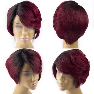 Wholesale Short Ombre Color Human Hair Pixie Wigs Part Lace Wig Pre Plucked Brazilian Short Bob Pixie Cut Lace Wig With Bang