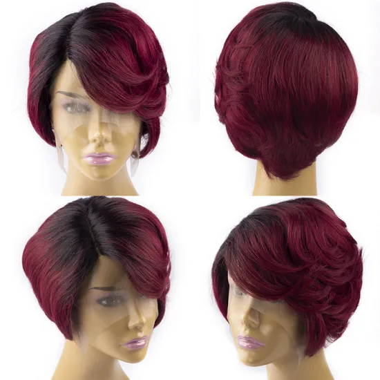 Wholesale Short Ombre Color Human Hair Pixie Wigs Part Lace Wig Pre Plucked Brazilian Short Bob Pixie Cut Lace Wig With Bang