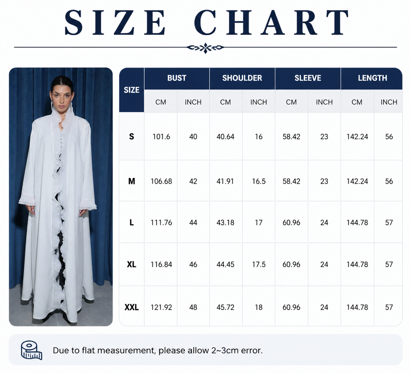 White Open Abaya with Pleated Ruffle Front View
