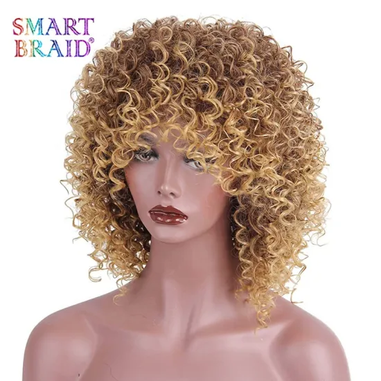 Ombre Blonde Short Afro Curly Wig With Bangs Kinky Fluffy Synthetic Wigs Shoulder Length For Black Women