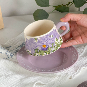 Retro American Ceramic Cup with Chinese Style Green Lily Oil Painting for Afternoon Tea