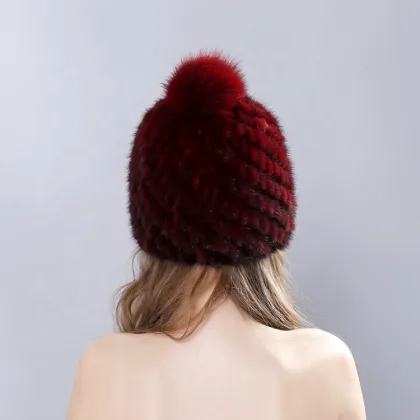 knitted winter hat women beanie hat with fur pom poms mink fur hat