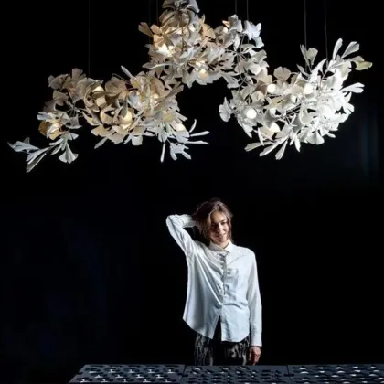 Ceramic Flower Ginkgo Leaf Long Chandelier