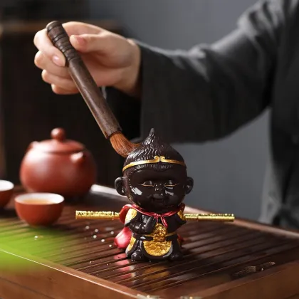Monkey King Statue Tea Pet Suwukong with Stick - Ceramic Tea Table Decoration