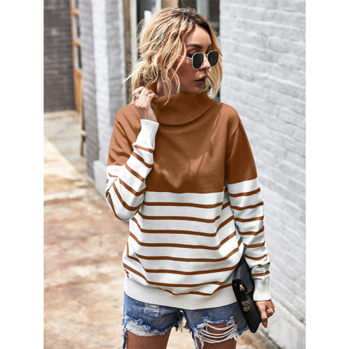 Tops Tees And Blouses Women`s Turtleneck Stripe Color Knitted Sweater Supplier