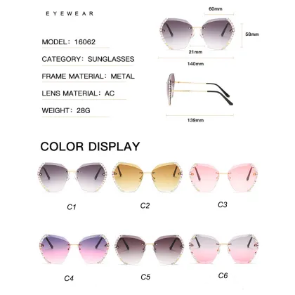 2024 Hot Selling Vintage Diamond Rimless Metal Sunglasses for Women