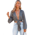 Deep VNeck Tie Front Knot Top