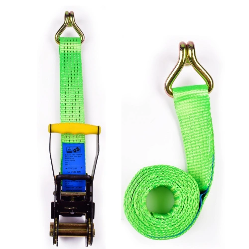 2 5000kgs 50mm Yellow Finger Handle Ratchet Buckle Cargo Lashing Straps  With 2 Inch Double J Hooks China Manufacturer