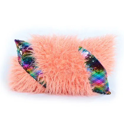 Sequins Plush Faux Fur Pillow Luxury Mermaid Pillow Cushion Modern Rectangle Fluffy Waist Pillow Case