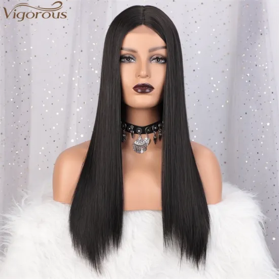 Vigorous High Temperature Top Quality  Long Silky Straight Black Wigs Middle Part Lace Wigs For White Women Wholesale