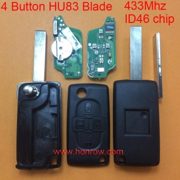 New Original Peugeot 4 button flip remote key with HU83 407 blade 433Mhz ID46 Chip (Before April 2011 year)