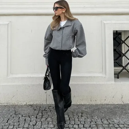 2024 Women's Woolen Gray Long Sleeve Irregular Jacket with High Collar