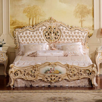 High Quality Antique Carved Birch Wood French King Bedroom Furniture with Soft Adjustable Bed and Leather Upholstery