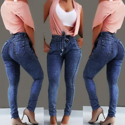 High Quality Raw Edge Denim Lace-up Mid Waisted Skinny Jeans for Women