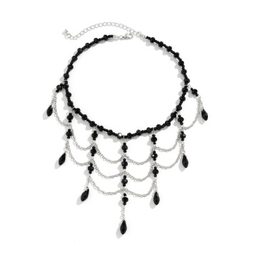 Trendy Halloween Steampunk Black Gothic Beaded Choker Necklace with Red Gemstone Tassel Chain for Girls