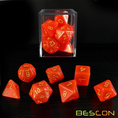 Bescon Intensive Glitter DND Dice 7pcs Set ROYAL RED, juego de dados de rollo de novedad Glitter d4 d6 d8 d10 d12 d20 d%, caja de embalaje Brick