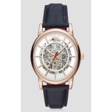 Reloj mecánico automático con esqueleto chapado en oro rosa para hombre, reloj de pulsera de negocios con esfera hueca de 43 mm y correa de cuero de cocodrilo azul marino