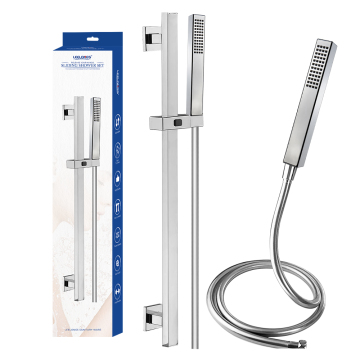 Chromed Square Shower Shower Bar Riser Rail ชุดพร้อมฝักบัวอาบน้ำมือสี่เหลี่ยมและท่อพีวีซี
