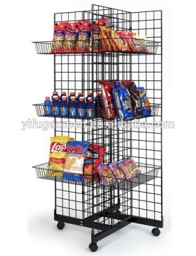 Metal Gridwall Fixture w/ Wheels & 12 Baskets, 4-Sided - Black