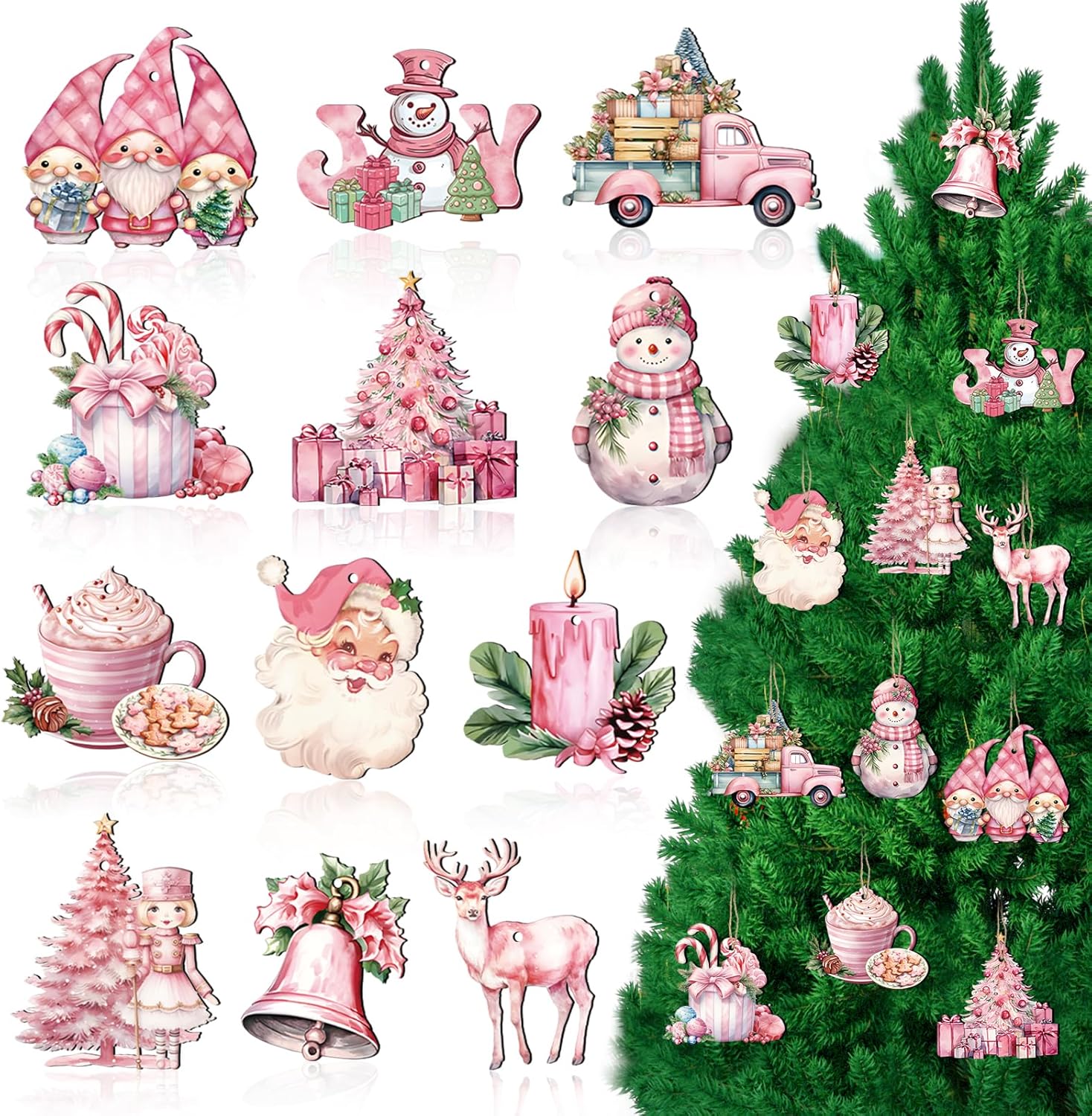 Pembe Suluboya Noel Ahşap Askı Süsleri Pink Watercolor Christmas Wooden Hanging Ornaments