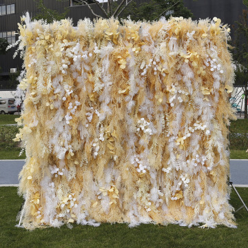 Tell de mur de fleurs artificielles blanches et jaunes pour décoration de mariage