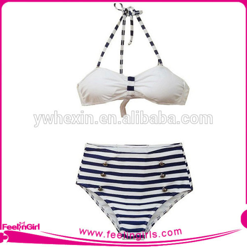China Manufacturer White & Blue Stripped Swimsuit Young Girl Bikini