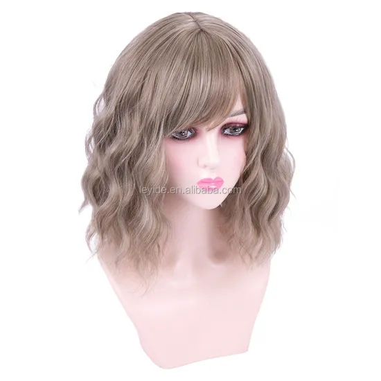 AliLeader Heat Resistant Synthetic Fiber Ombre Blonde Short Bob Wigs Natural Wave Short Bob Wigs With Neat Bangs For Women