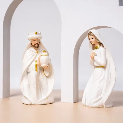 Handcrafted Home Christmas Manger Set: Statue of Jesus, St. Joseph, and Church Decorations in Resin Material