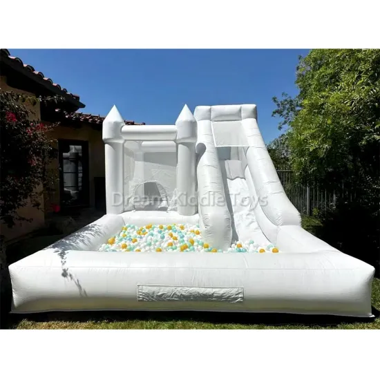 PVC Modern Inflatable Bouncy Castle Combo: Soft Play White Bounce House with Ball Pit and Slide for Kids Party Rentals