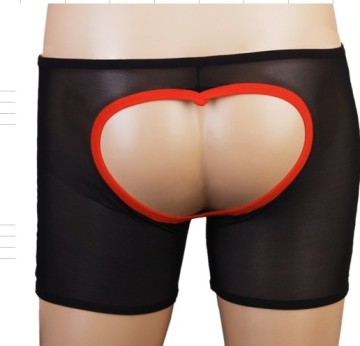 Black Mesh Boxer Red Heart Shaped Open Back