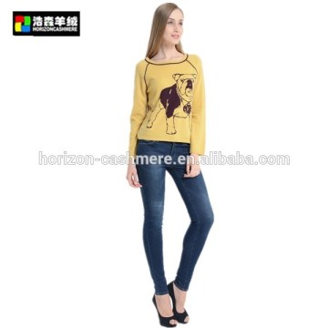 Round Neck Cute Long Sleeve Pullover, Yellow Cute Print Cashmere Pullover