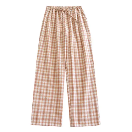 Women's Cotton Gauze Elastic Waist Checkered Pajama Pants - Breathable and Sexy Nightwear