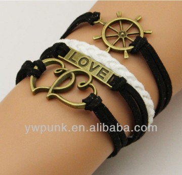 Supply DIY fashion handmade lots bronze thwartwise LOVE hearts bracelets braided China celebrity black and white jewelry