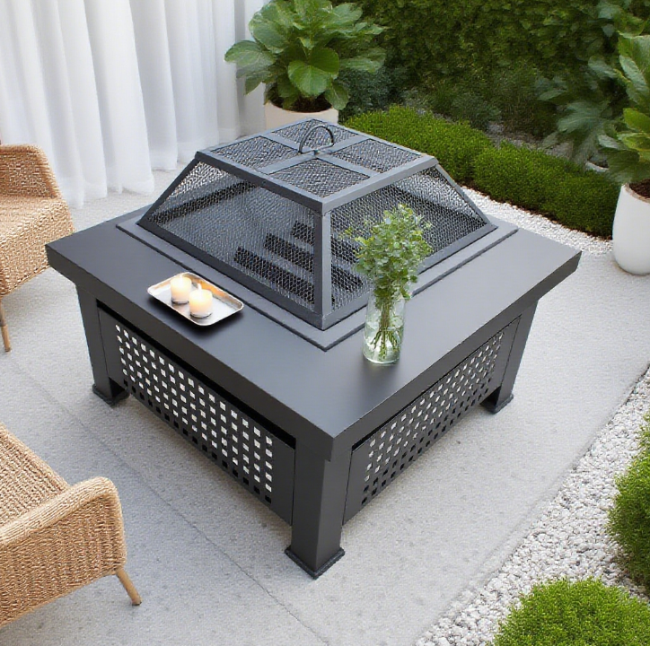 Square iron fire pit with mesh