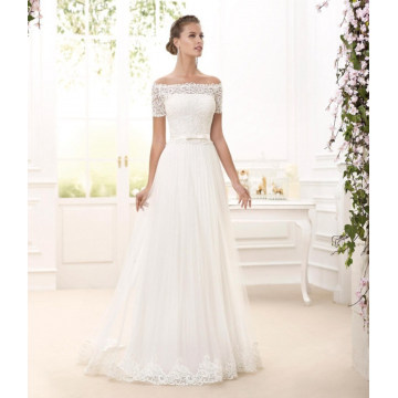 Vintage off Shoulder Half Sleeves Lace Edge A-Line Wedding Dress with Illusion Waistband