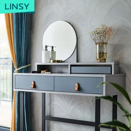 Linsy Modern Adult Nordic Solid Wood Makeup Desk with Blue Mirror