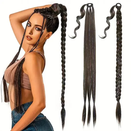 30-inch DIY Heat Resistant Synthetic Hair Extensions: Jumbo Pre-Braided Ponytail with Glitter Hair Tinsel