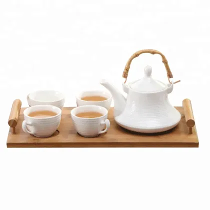 White Porcelain Tea Cup and Saucer Set with Tray