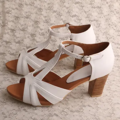 Handmade Leather Sandals White with Block Heel