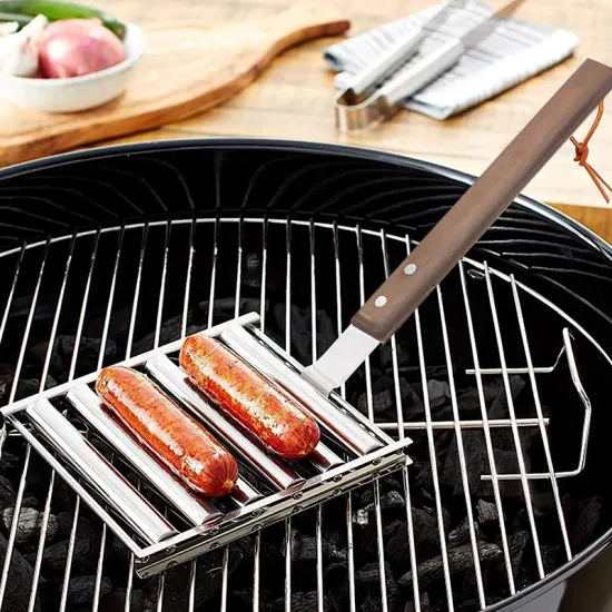 Outdoor cooking easy to clean sausage rack detachable wood handle stainless steel hot dog roller grill for bbq camping