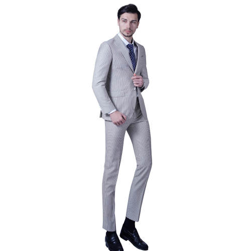 Bespoke Slim Fit Blend Wedding Beige Striped Suit