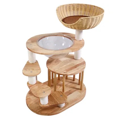 Solid Wood Rattan Cat Tree with Condo