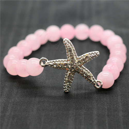 Rose Quartz 8MM Round Beads Stretch Gemstone Bracelet with Diamante alloy starfish Piece