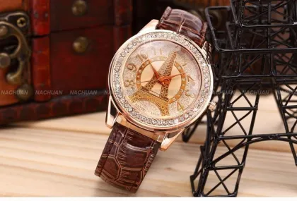 Eiffel Tower Leather Womens Wrist Watches Crystal Brown , Bronze Case Watches