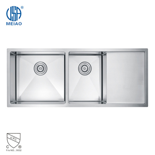 SUS304 Kċina Double Bowl Sink bi Drainboard