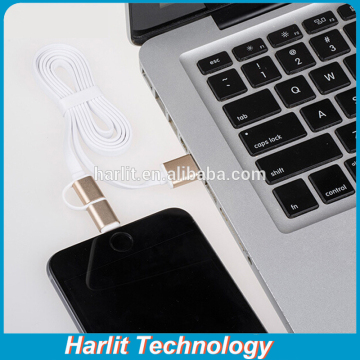 Durable Flat USB Charging Cable With 8 Pin And Micro USB Plug 2 in 1 Dual Plug Design