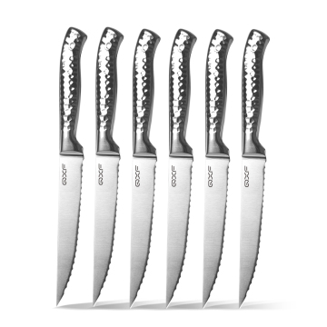 QXF Stainless Steak Knives Set of 6 - Mirror Polishing Hollow Handle Serrated Kitchen Knives with Gift Box