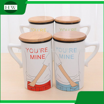 promotional gift colorful trousers letter you're mine ceramic water tea milk coffee cup mug with handle and wooden lid