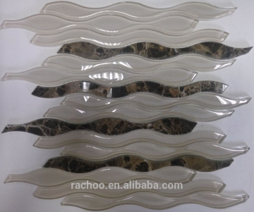 Water wave mix dark emperador marble glass waterjet mosaic wall kitchen bathroom decorate tile
