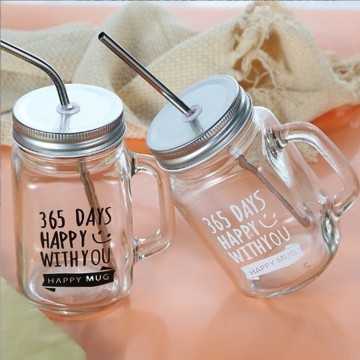 빨대와 뚜껑이있는 커스텀 로고 16oz 투명 유리 메이슨 항아리